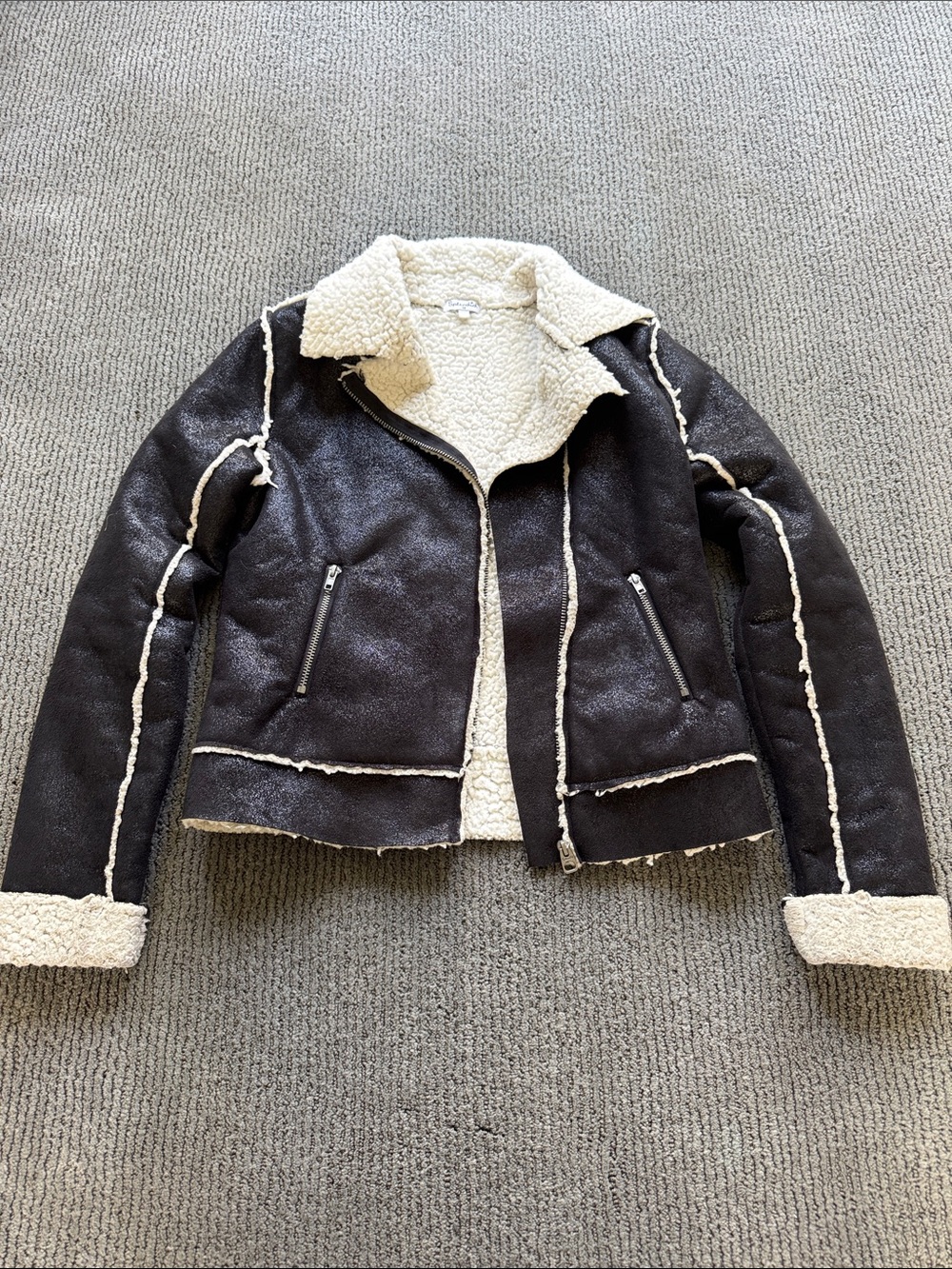 Splendid Black Faux Shearling Lined Jacket with Cream Trim